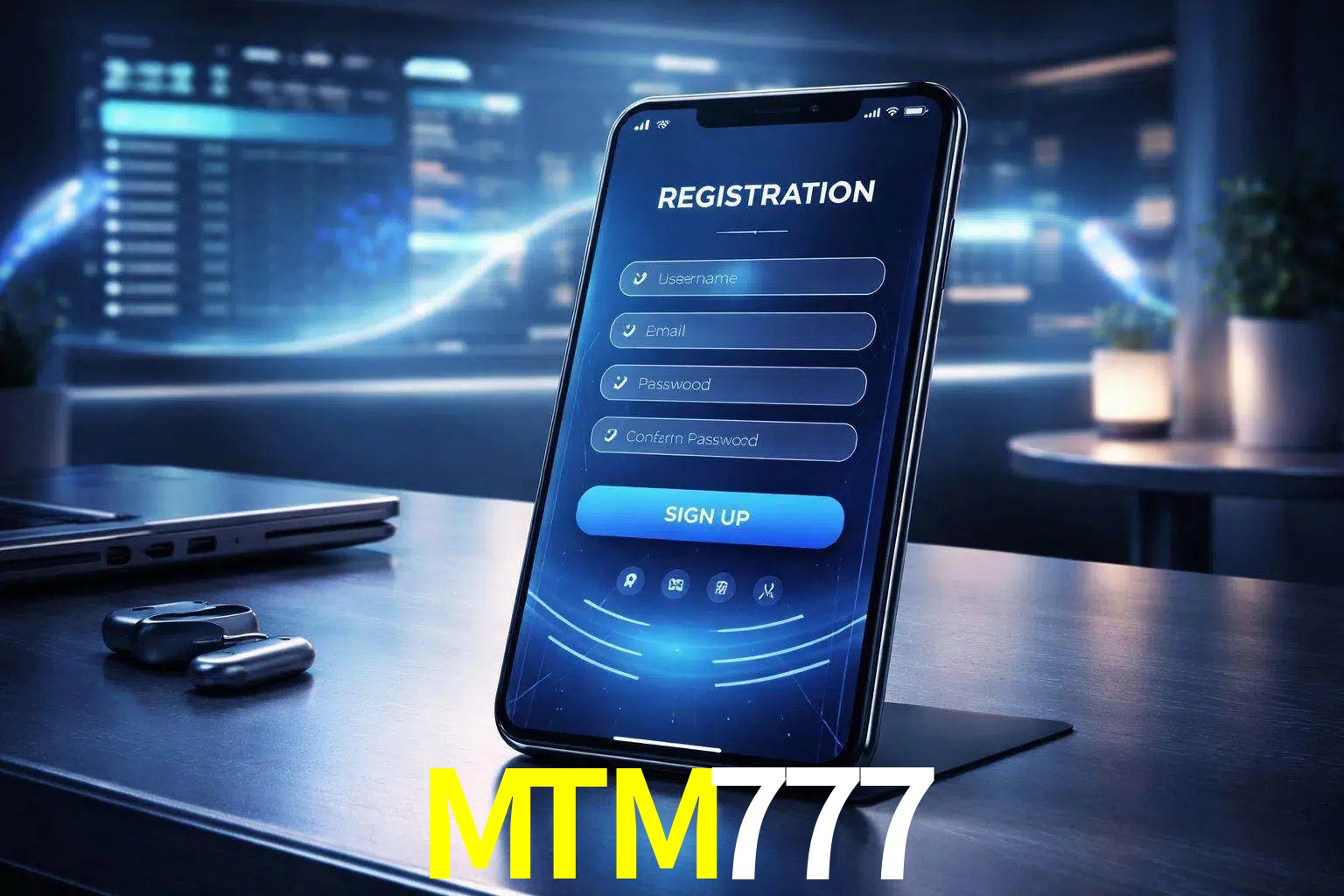 Una interfaz moderna de registro móvil para MTM777 mostrada en un smartphone con un panel de apuestas elegante.